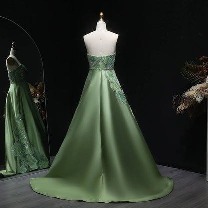 Luxury Green Strapless Embroidered Satin Evening Dress XD077