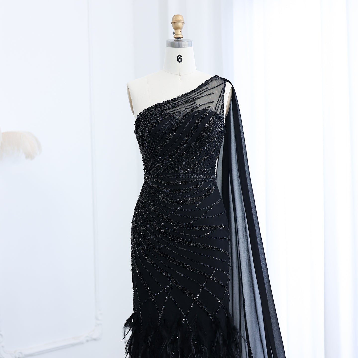 Luxury Feathers Turquoise One Shoulder Mermaid Evening Dress SS498