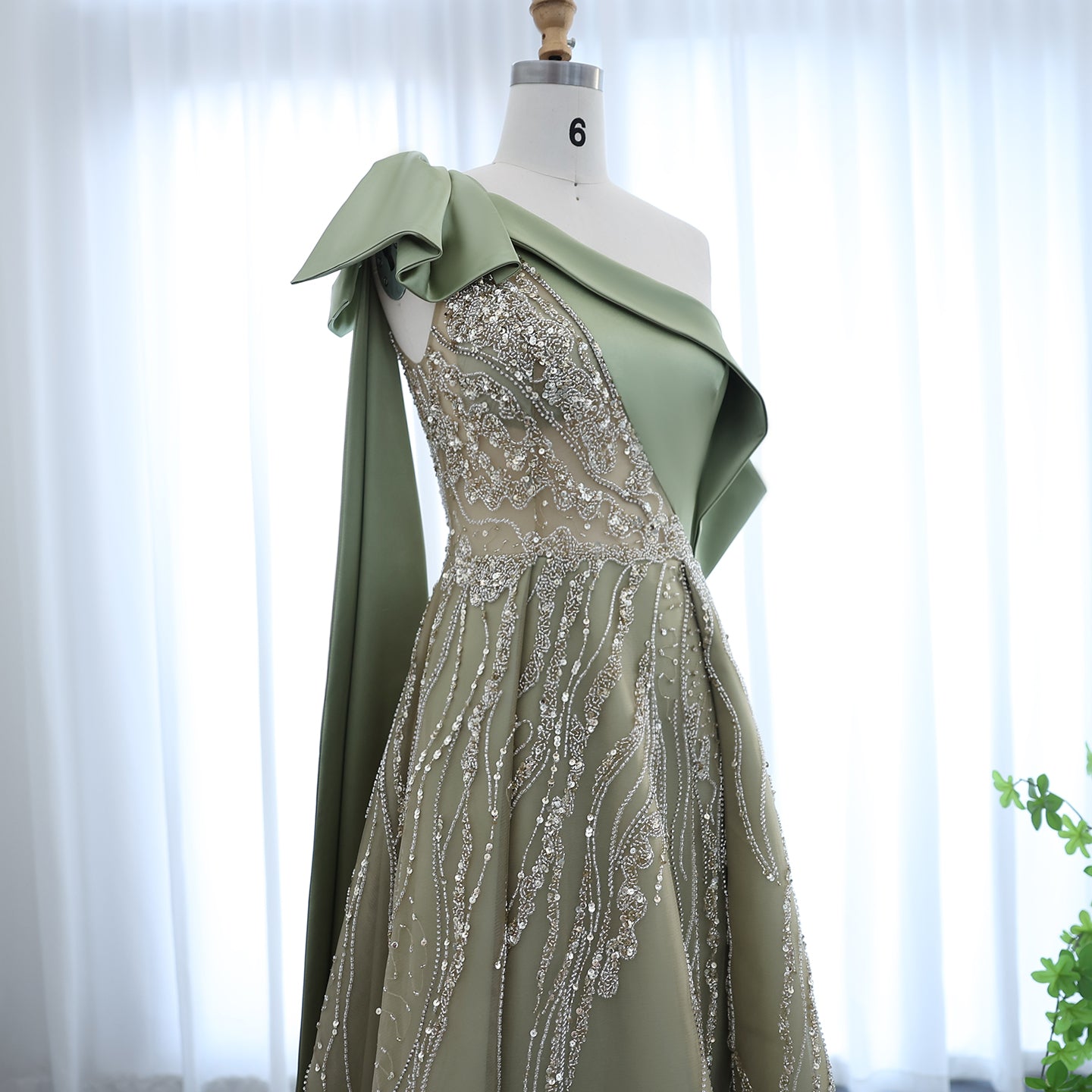 Luxury Olive Green One Shoulder Evening Dress with Cape Sleeves SS323