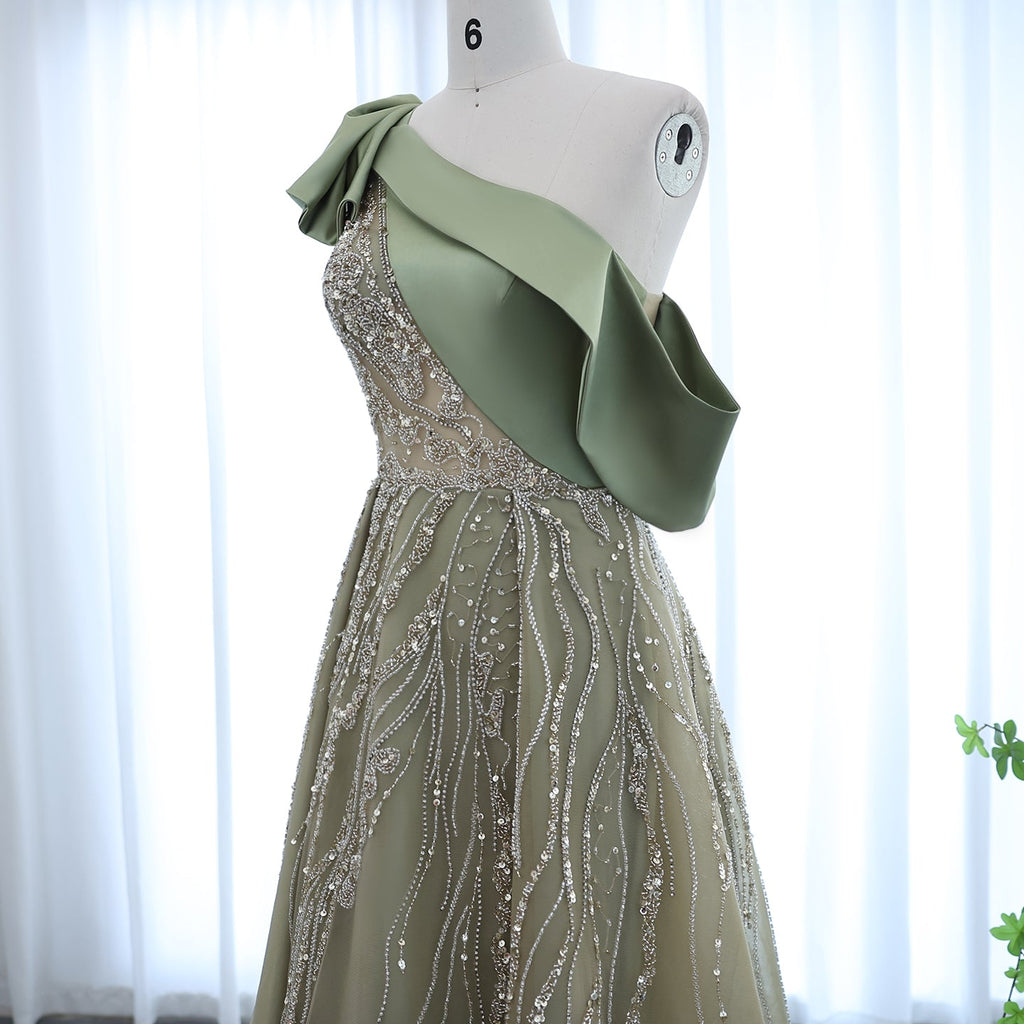 Luxury Olive Green One Shoulder Evening Dress with Cape Sleeves SS323