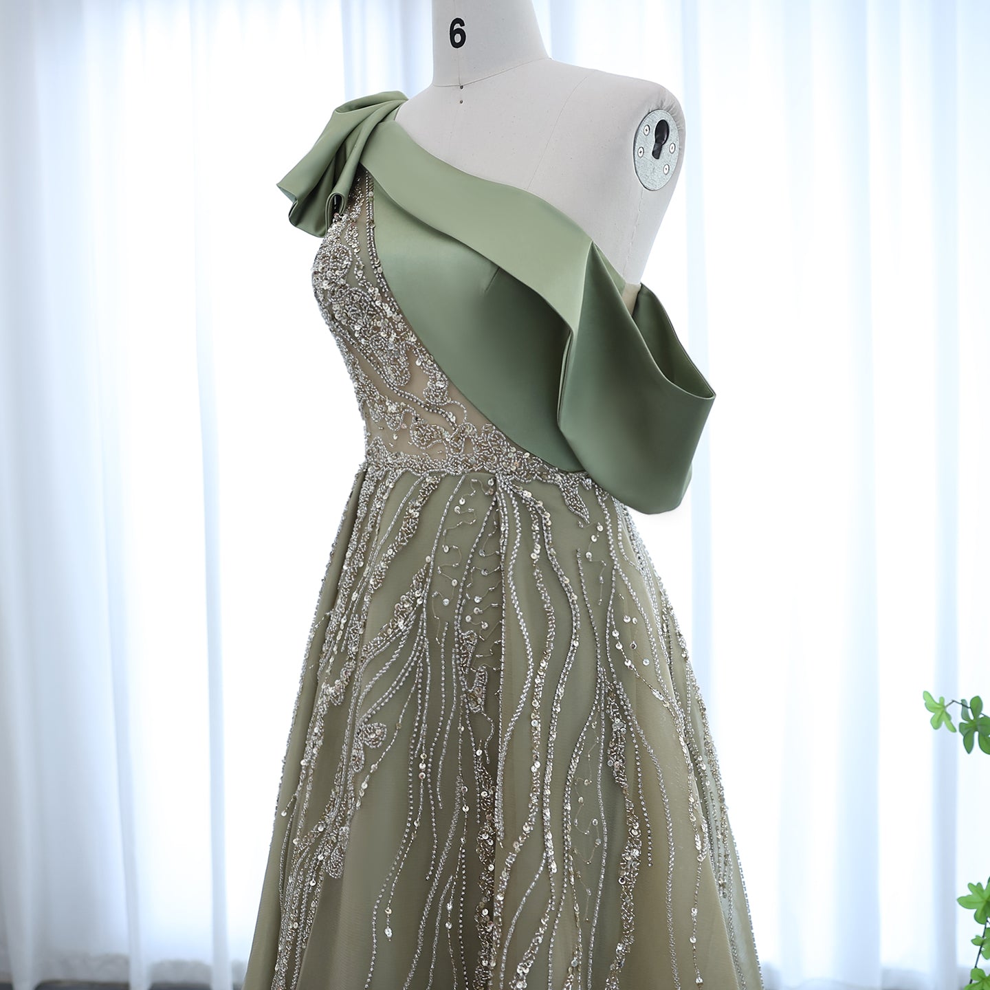 Luxury Olive Green One Shoulder Evening Dress with Cape Sleeves SS323