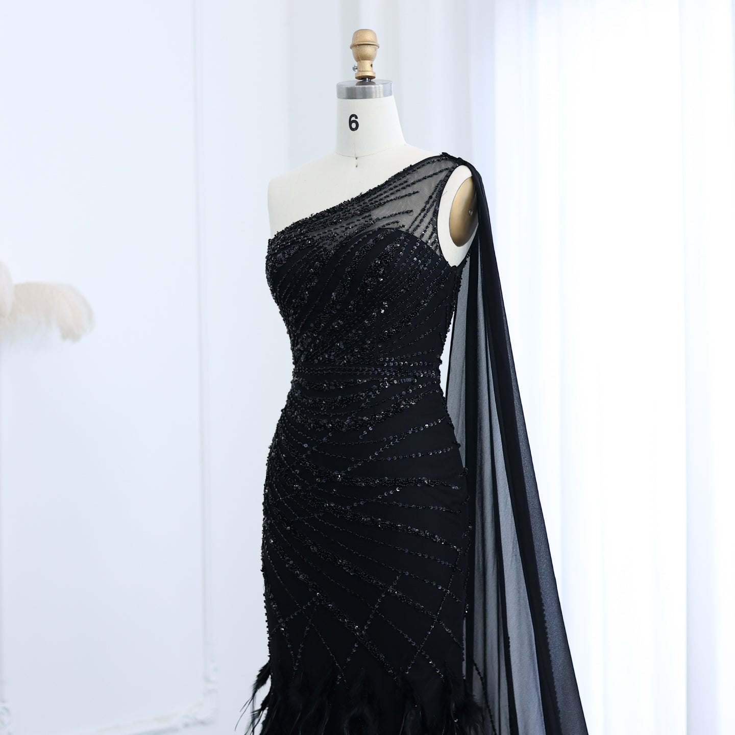 Luxury Feathers Turquoise One Shoulder Mermaid Evening Dress SS498