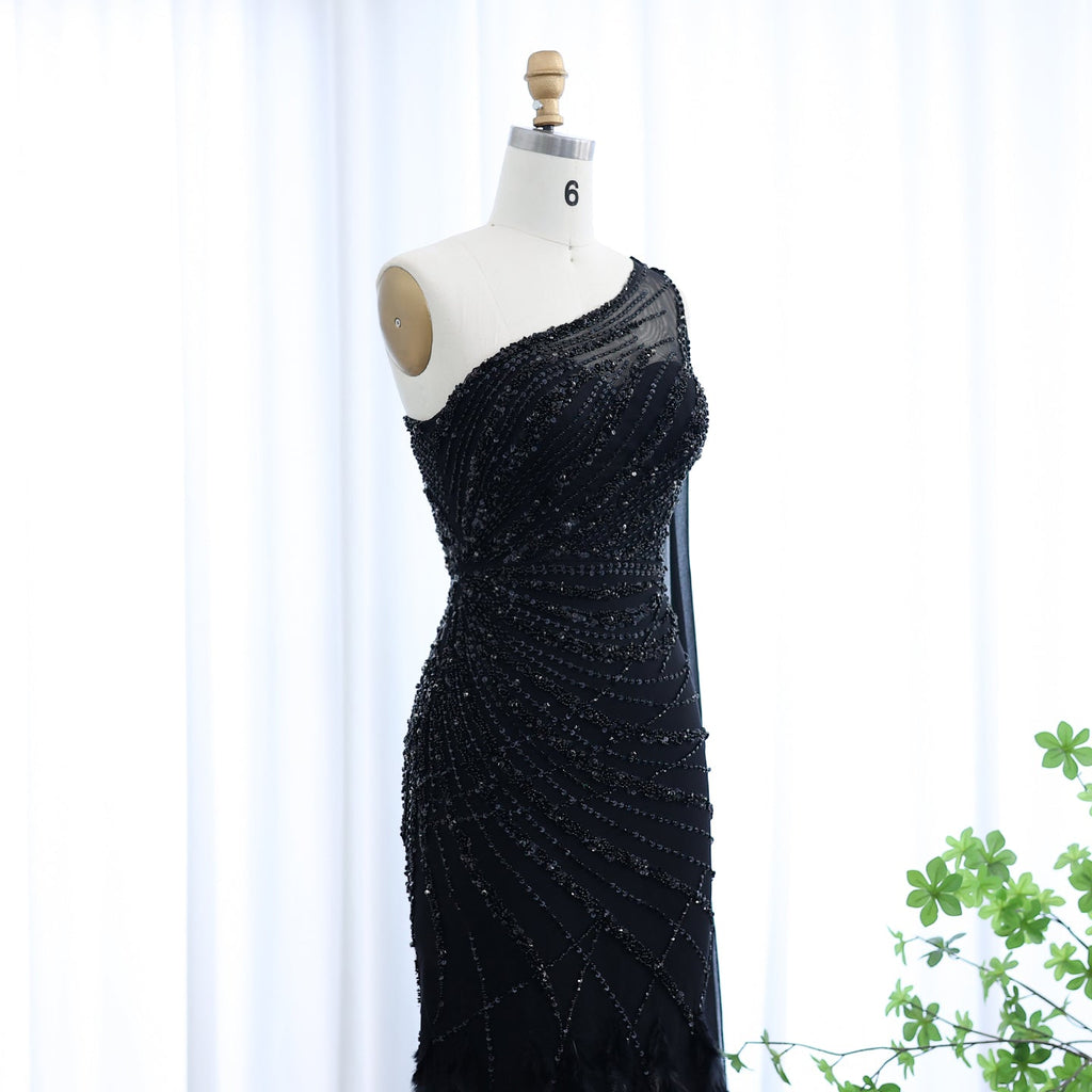 Luxury Feathers Turquoise One Shoulder Mermaid Evening Dress SS498