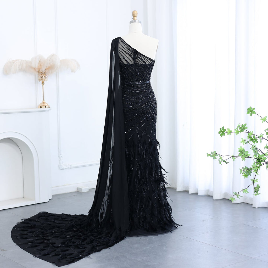 Luxury Feathers Turquoise One Shoulder Mermaid Evening Dress SS498