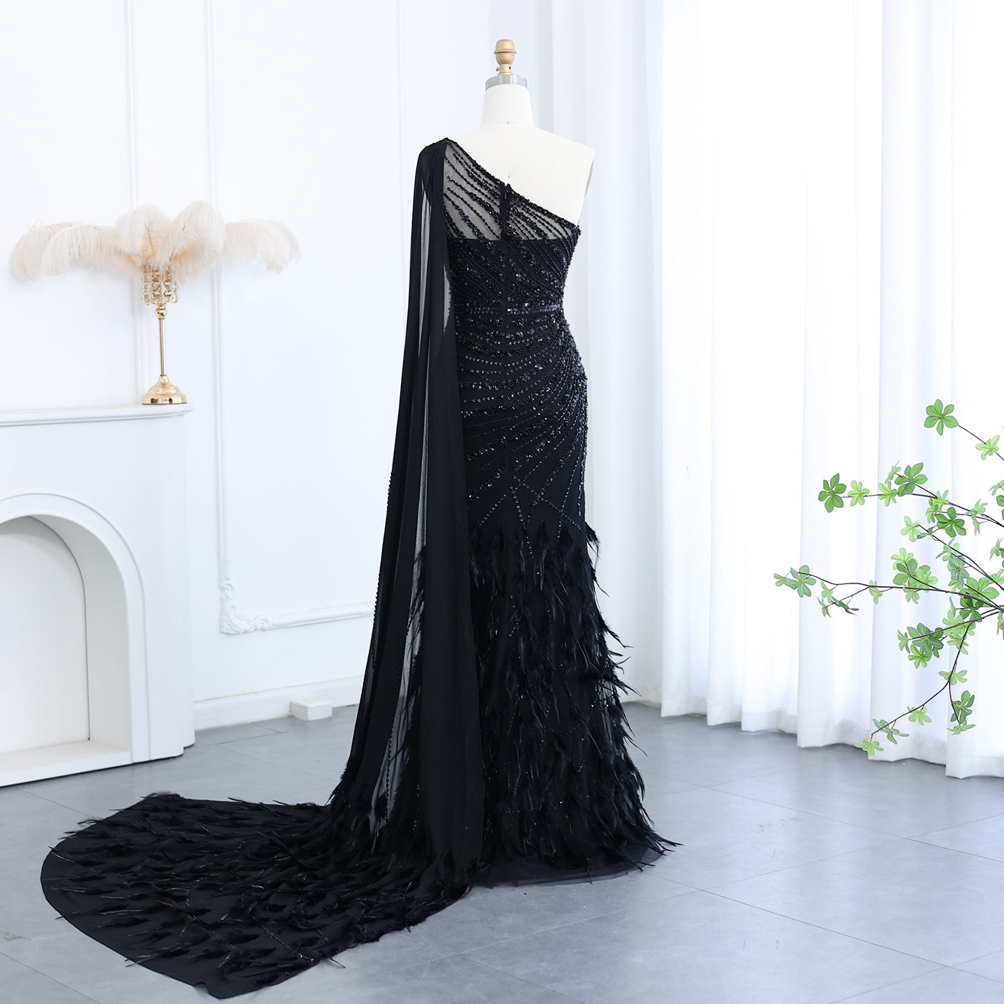 Luxury Feathers Turquoise One Shoulder Mermaid Evening Dress SS498