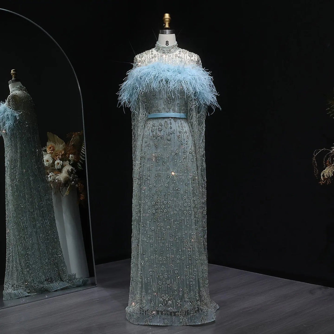 Luxury Beaded Dubai Kaftan Feathers Evening Dress with Cape Sleeves SS665