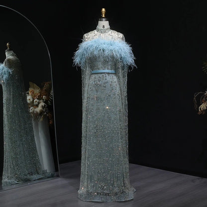 Luxury Beaded Dubai Kaftan Feathers Evening Dress with Cape Sleeves SS665