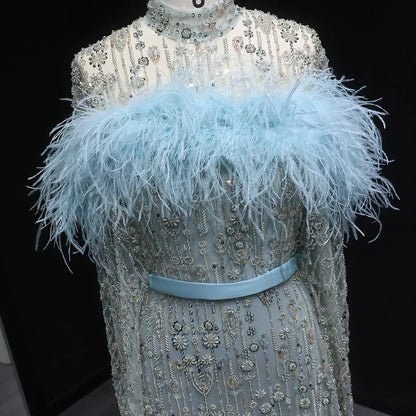 Luxury Beaded Dubai Kaftan Feathers Evening Dress with Cape Sleeves SS665
