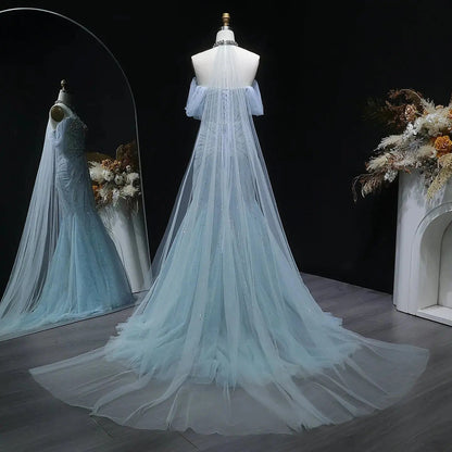Luxury Turquoise Beaded Deep V Fitted Mermaid Evening Dress with Cap SS727