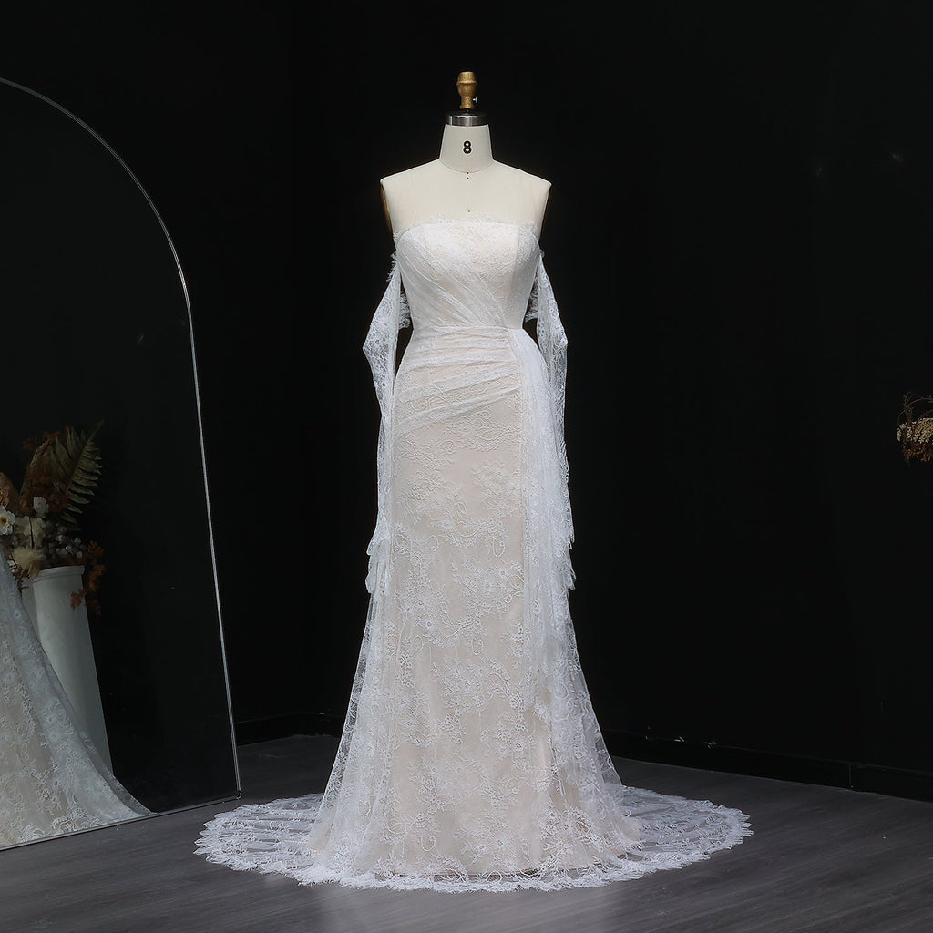 Elegant White Strapless Lace Evening Dress with Gloves SF373