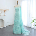 Luxury Feathers Turquoise One Shoulder Mermaid Evening Dress SS498