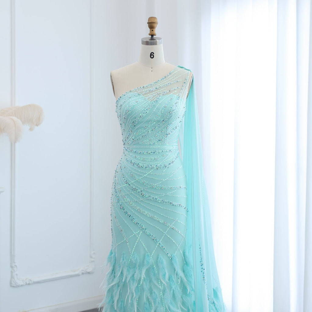 Luxury Feathers Turquoise One Shoulder Mermaid Evening Dress SS498