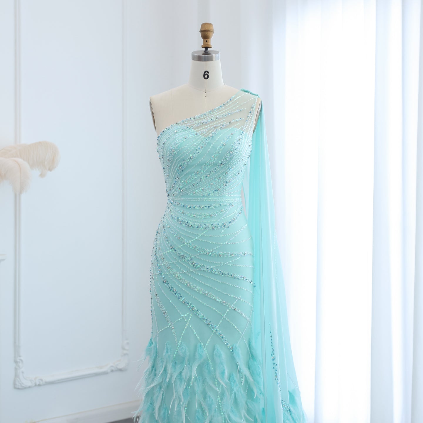 Luxury Feathers Turquoise One Shoulder Mermaid Evening Dress SS498