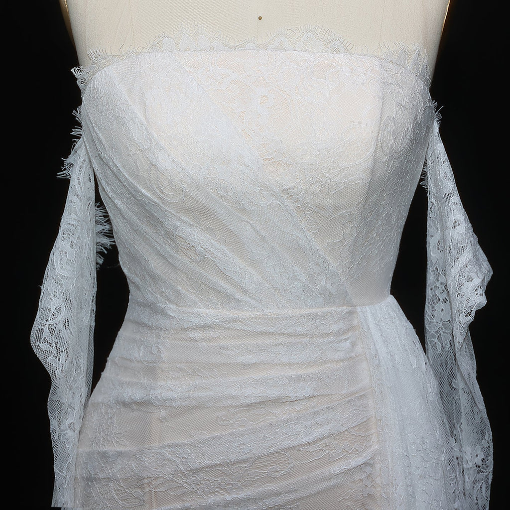 Elegant White Strapless Lace Evening Dress with Gloves SF373