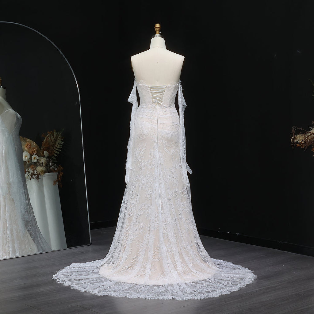 Elegant White Strapless Lace Evening Dress with Gloves SF373
