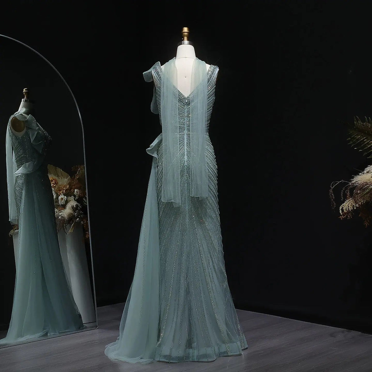 Luxury Beaded Mermaid Evening Dress with Scarf and Overskirt SS189