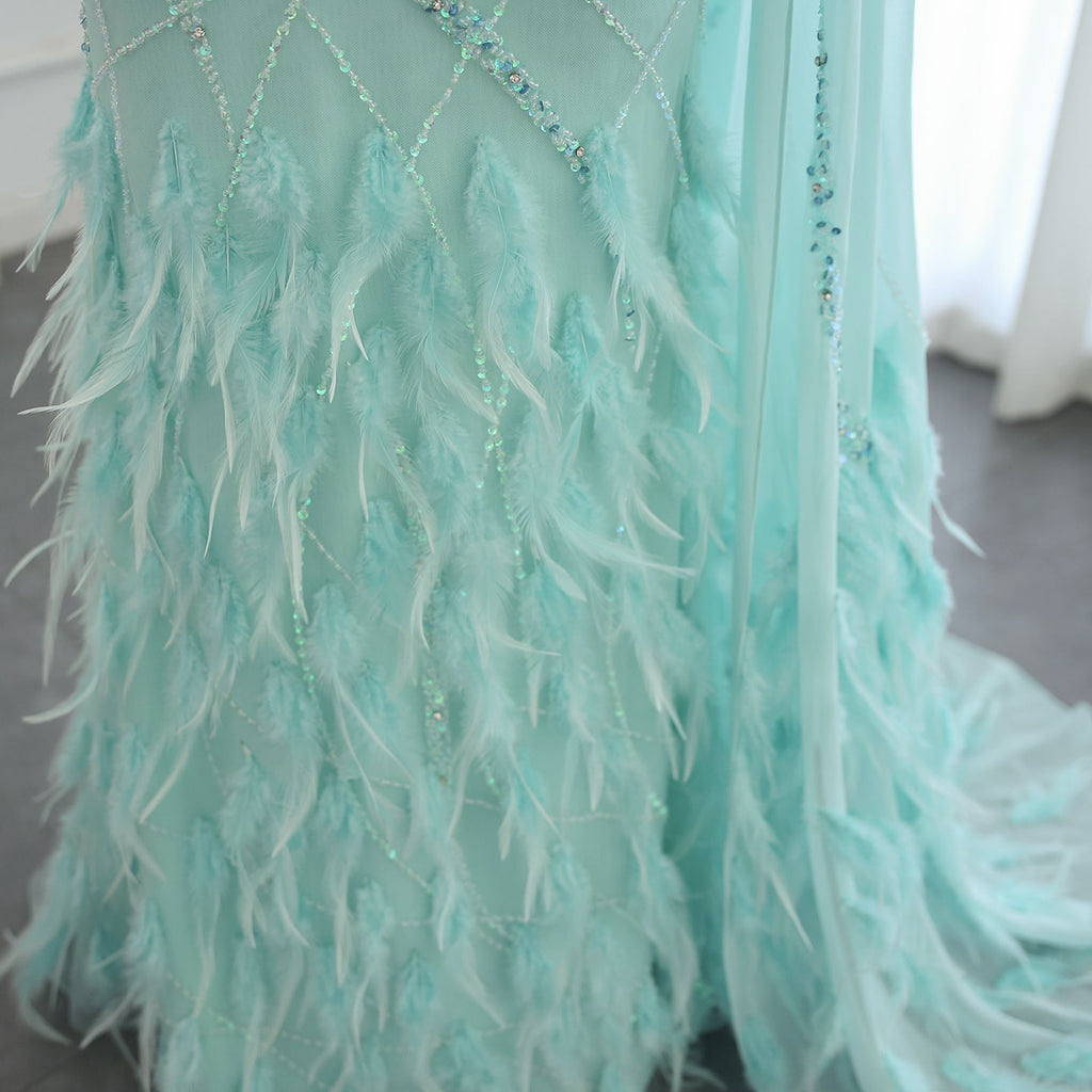 Luxury Feathers Turquoise One Shoulder Mermaid Evening Dress SS498