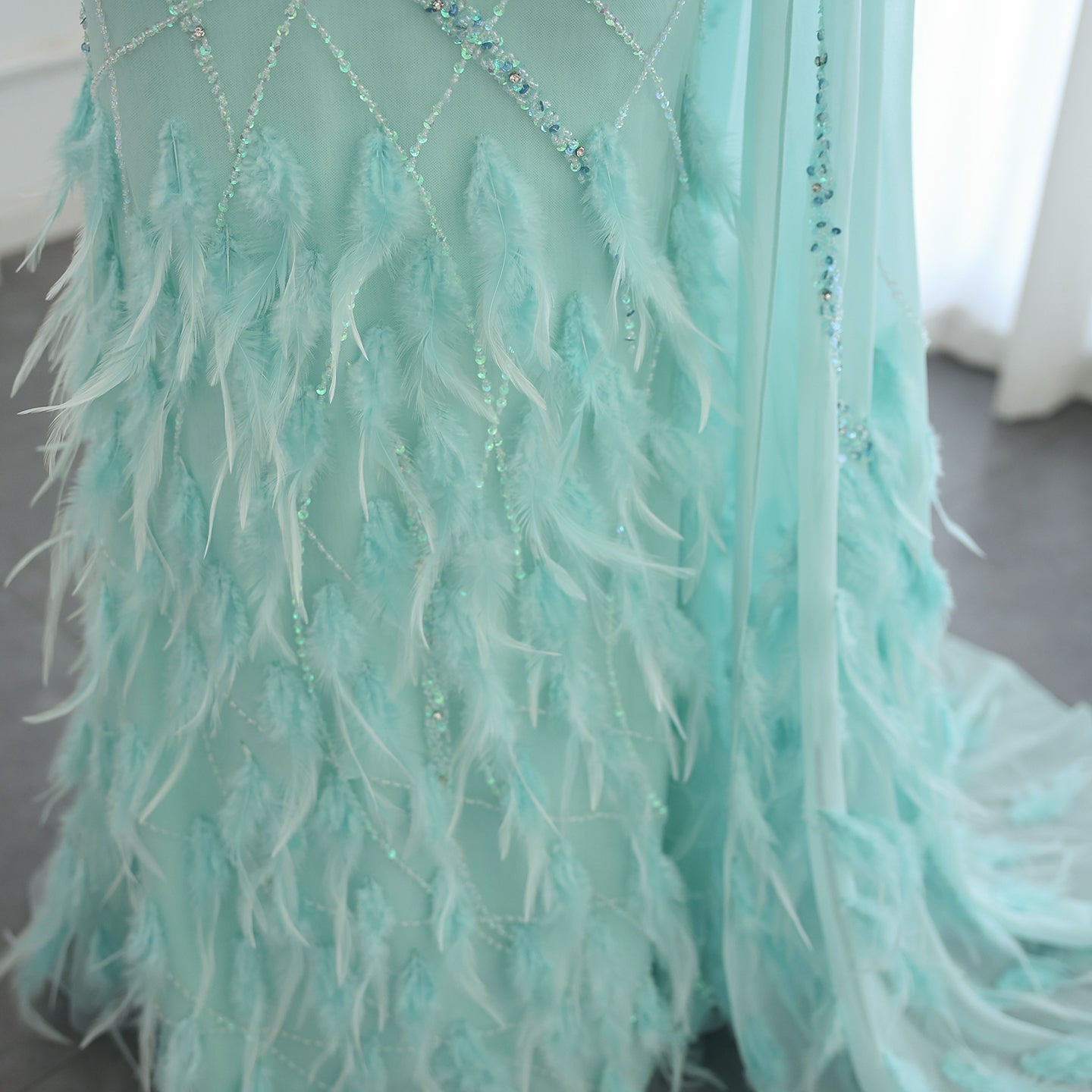 Luxury Feathers Turquoise One Shoulder Mermaid Evening Dress SS498