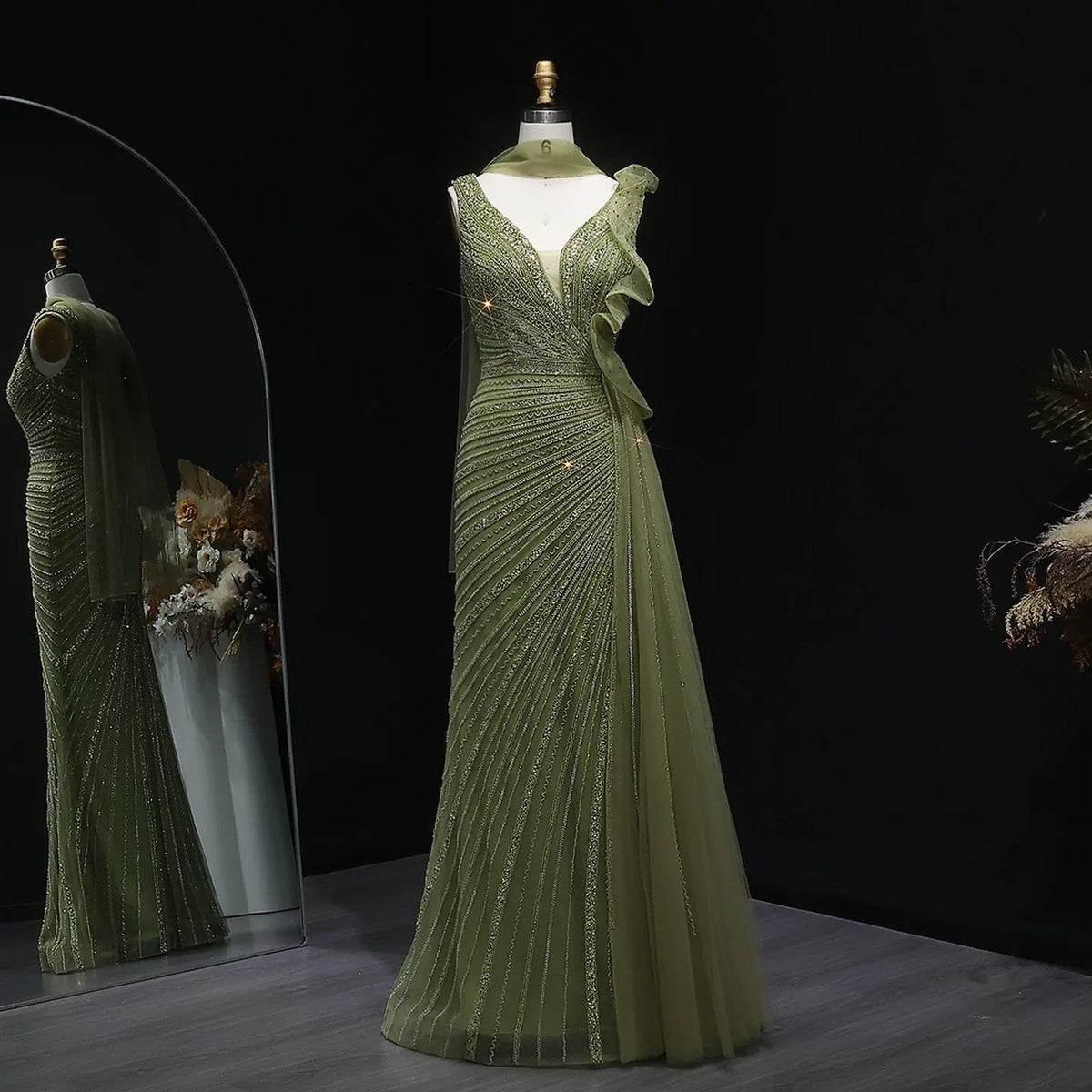 Luxury Beaded Mermaid Evening Dress with Scarf and Overskirt SS189