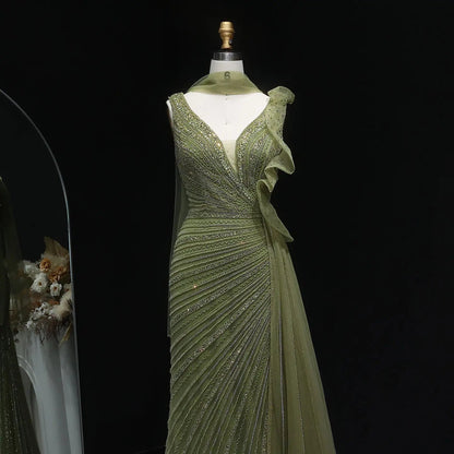 Luxury Beaded Mermaid Evening Dress with Scarf and Overskirt SS189