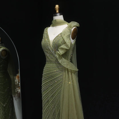 Luxury Beaded Mermaid Evening Dress with Scarf and Overskirt SS189
