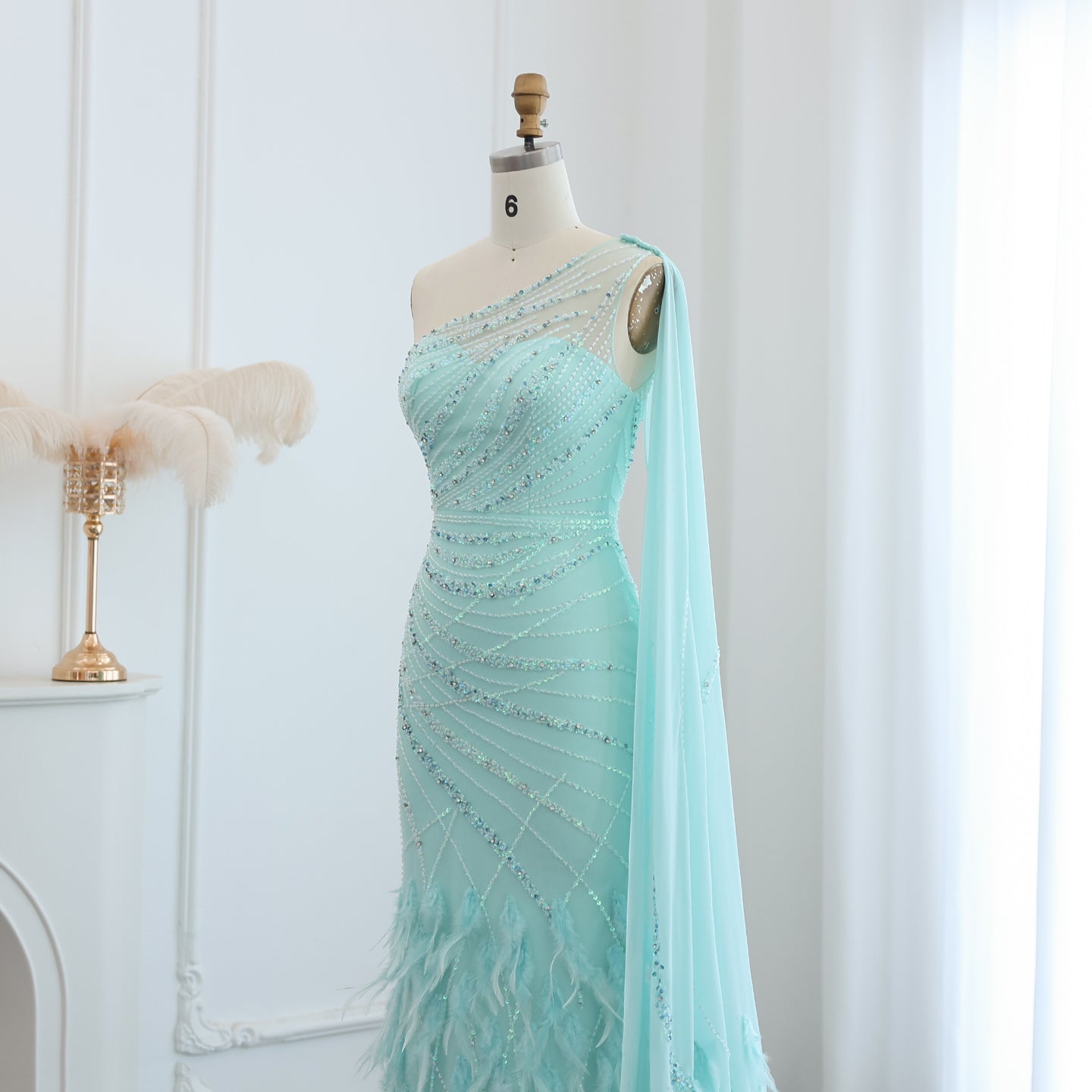 Luxury Feathers Turquoise One Shoulder Mermaid Evening Dress SS498