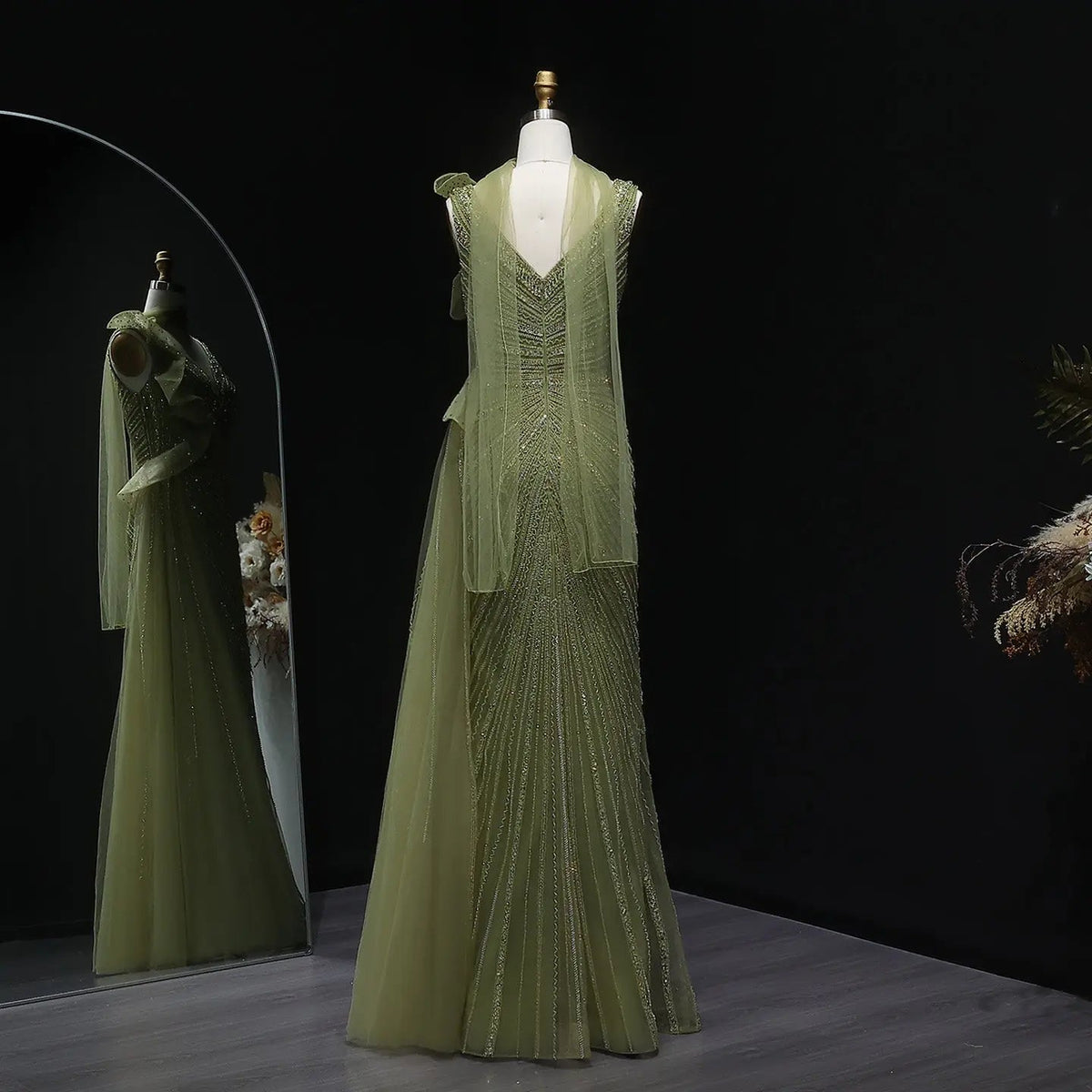 Luxury Beaded Mermaid Evening Dress with Scarf and Overskirt SS189