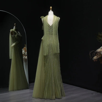 Luxury Beaded Mermaid Evening Dress with Scarf and Overskirt SS189