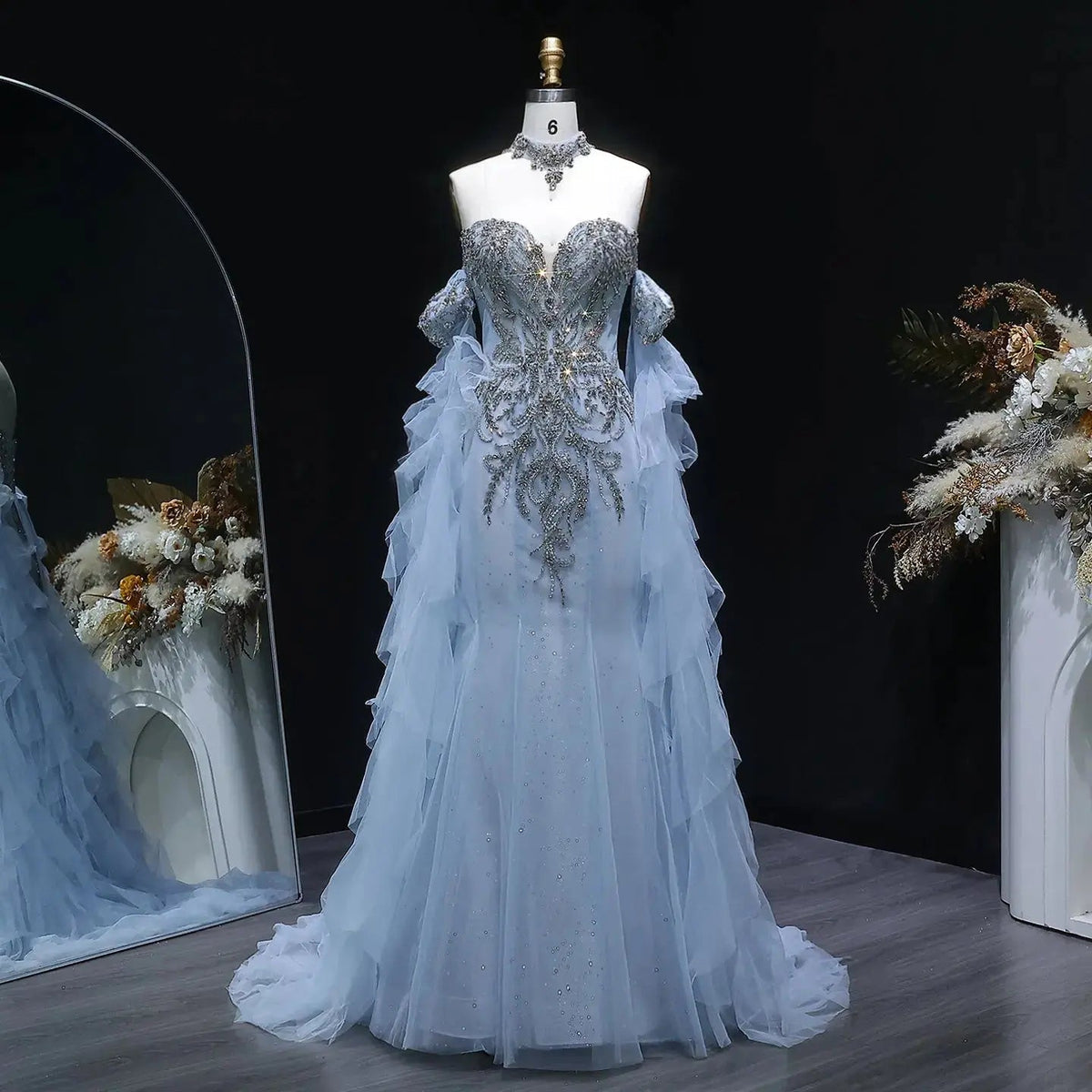 Luxury Blue Beaded Tulle Evening Dress with Flowing Sleeves SS723