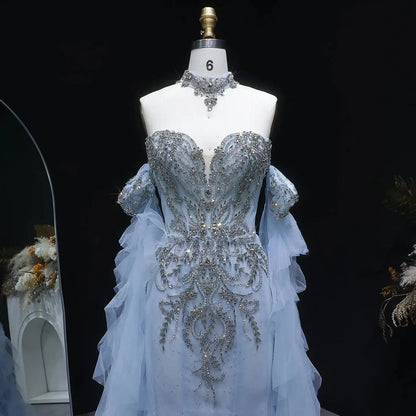 Luxury Blue Beaded Tulle Evening Dress with Flowing Sleeves SS723