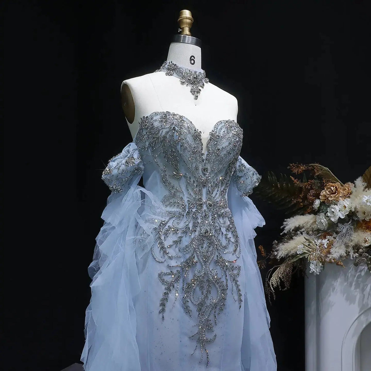 Luxury Blue Beaded Tulle Evening Dress with Flowing Sleeves SS723