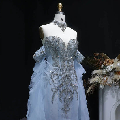 Luxury Blue Beaded Tulle Evening Dress with Flowing Sleeves SS723
