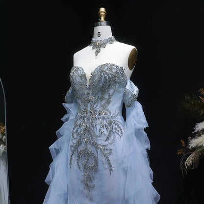 Luxury Blue Beaded Tulle Evening Dress with Flowing Sleeves SS723
