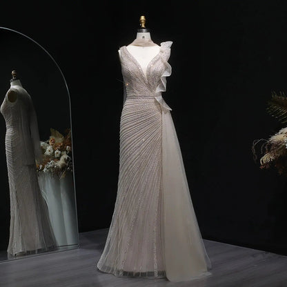 Luxury Beaded Mermaid Evening Dress with Scarf and Overskirt SS189