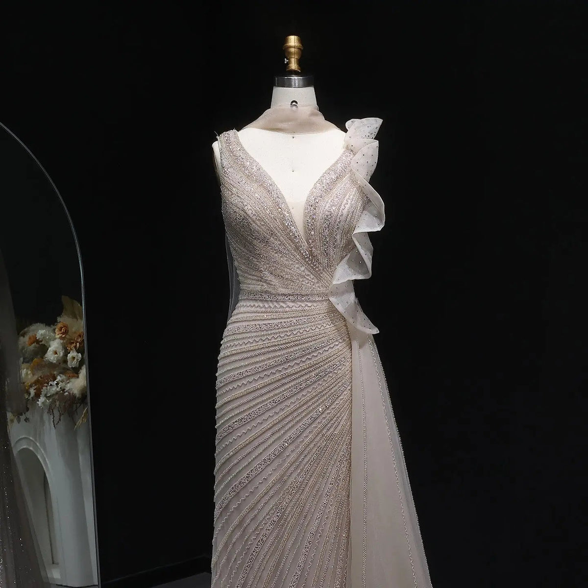 Luxury Beaded Mermaid Evening Dress with Scarf and Overskirt SS189