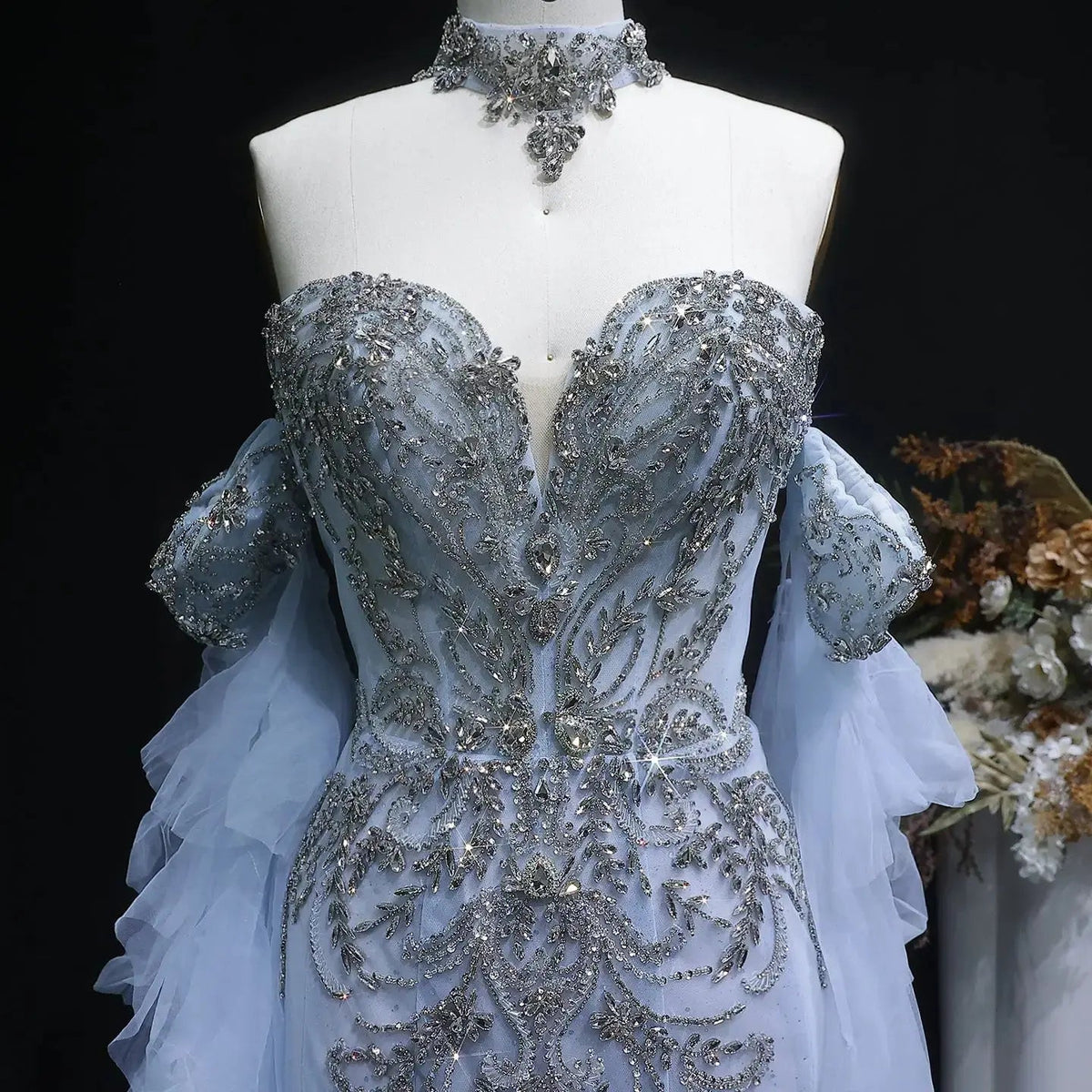 Luxury Blue Beaded Tulle Evening Dress with Flowing Sleeves SS723