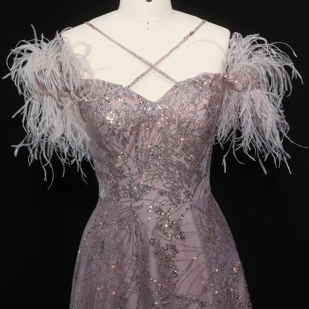 Sparkly Feather Dusk A-Line Cross Neck Sequin Evening Dress SF348