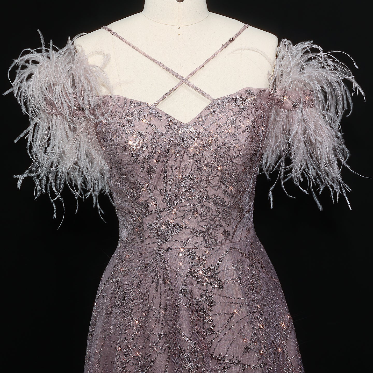 Sparkly Feather Dusk A-Line Cross Neck Sequin Evening Dress SF348