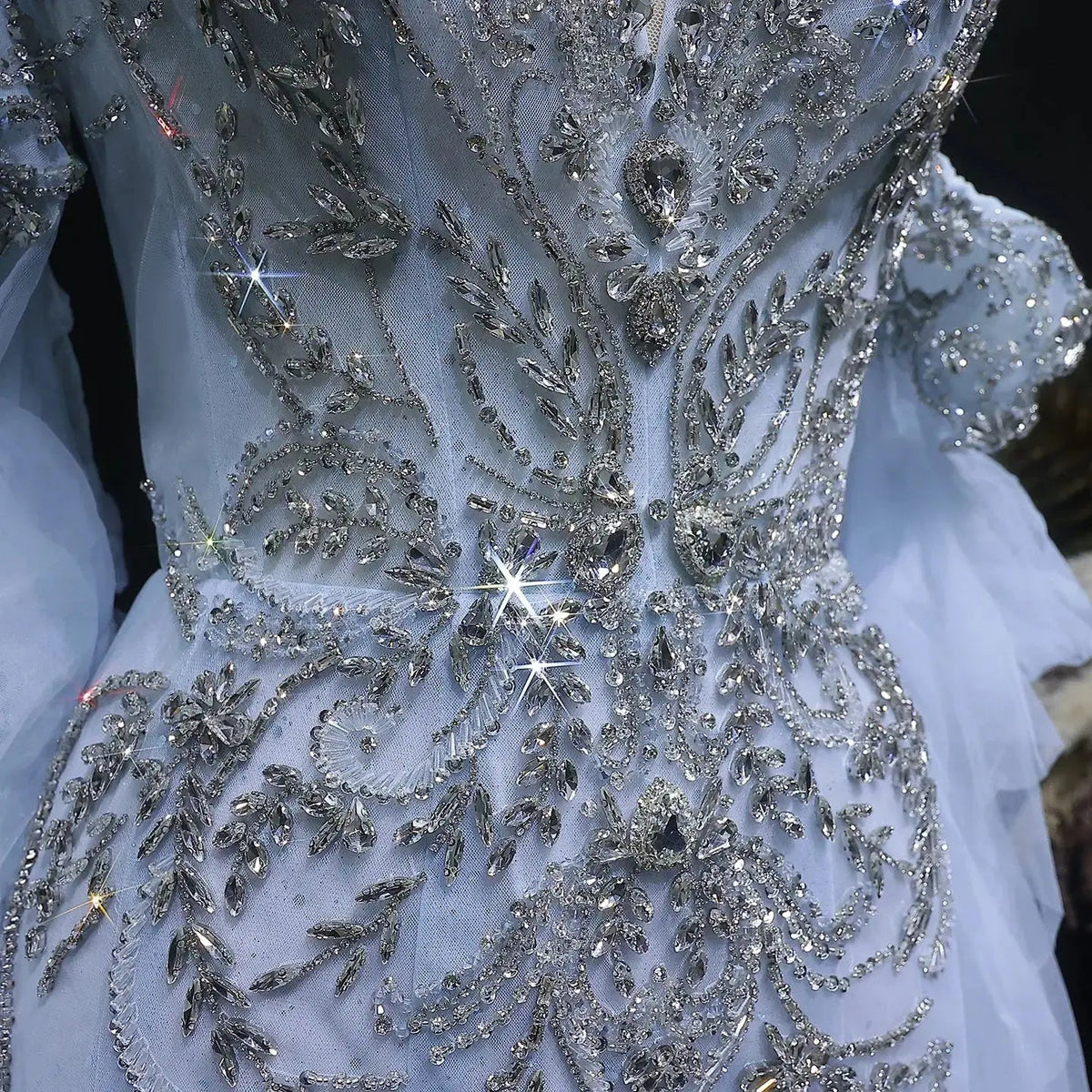 Luxury Blue Beaded Tulle Evening Dress with Flowing Sleeves SS723