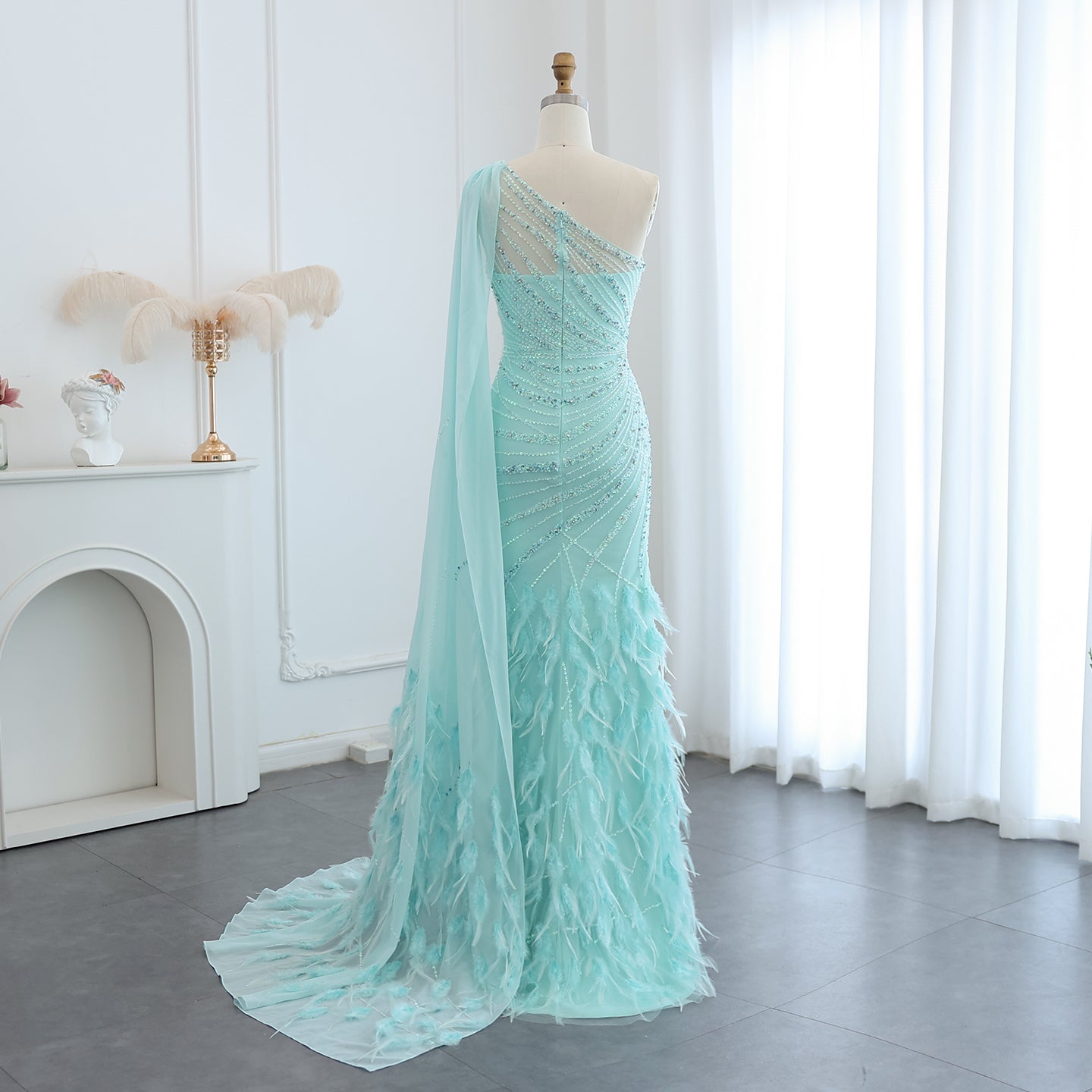 Luxury Feathers Turquoise One Shoulder Mermaid Evening Dress SS498