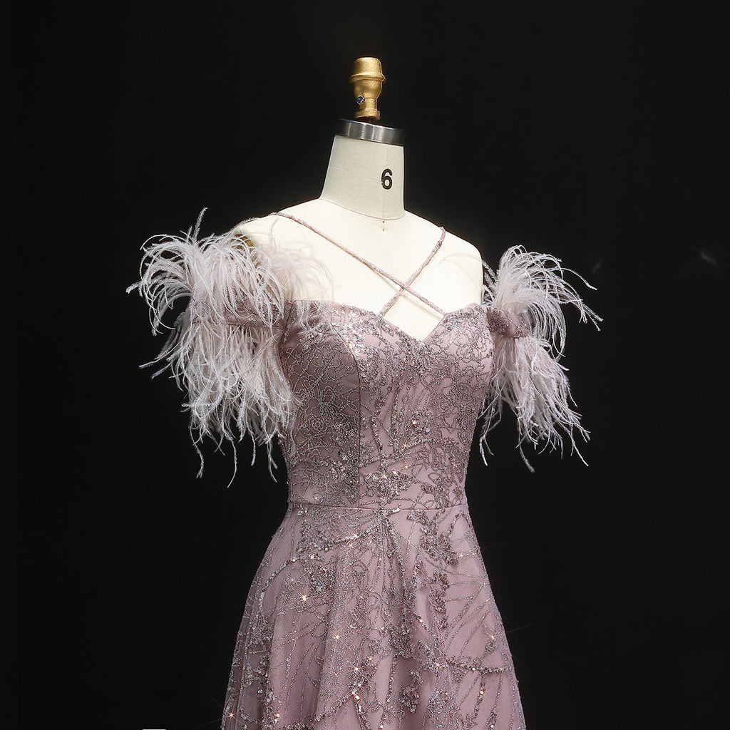 Sparkly Feather Dusk A-Line Cross Neck Sequin Evening Dress SF348