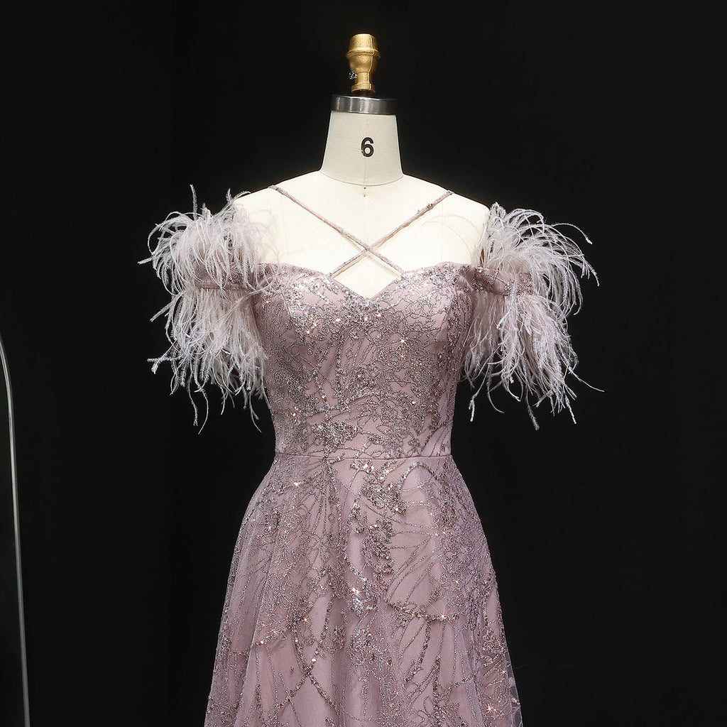 Sparkly Feather Dusk A-Line Cross Neck Sequin Evening Dress SF348