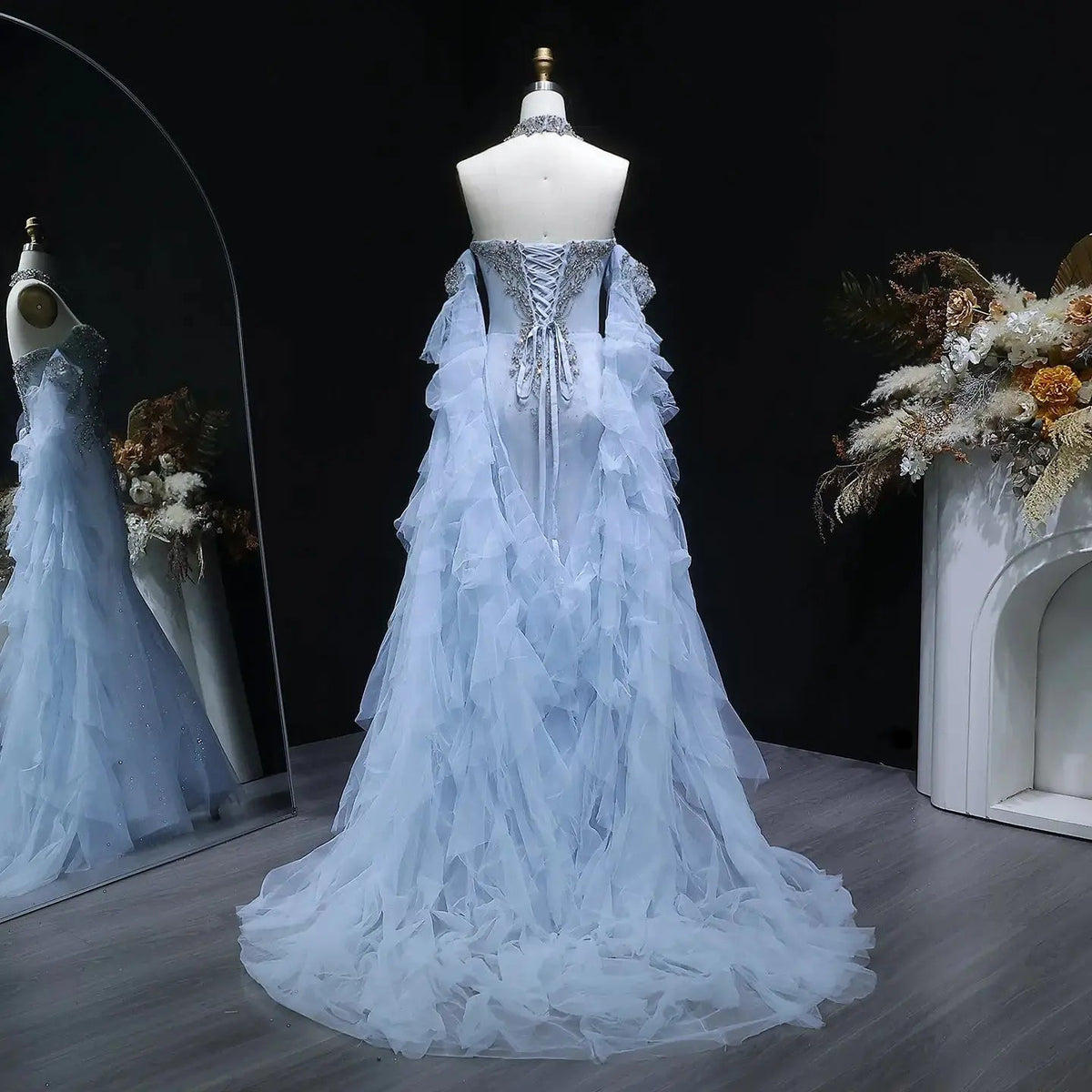 Luxury Blue Beaded Tulle Evening Dress with Flowing Sleeves SS723