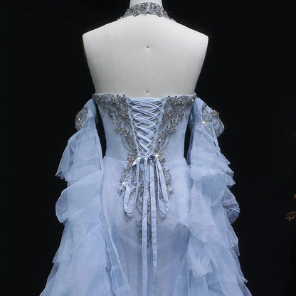 Luxury Blue Beaded Tulle Evening Dress with Flowing Sleeves SS723