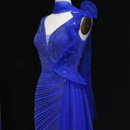 Luxury Beaded Mermaid Evening Dress with Scarf and Overskirt SS189