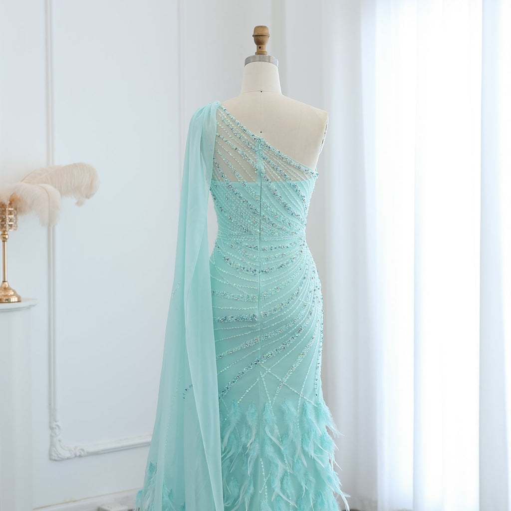 Luxury Feathers Turquoise One Shoulder Mermaid Evening Dress SS498