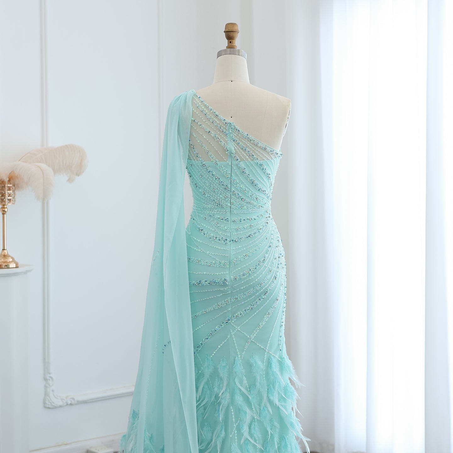 Luxury Feathers Turquoise One Shoulder Mermaid Evening Dress SS498