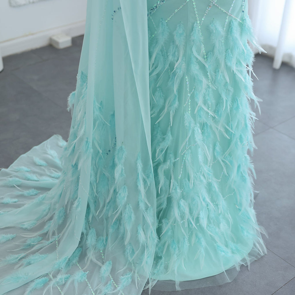 Luxury Feathers Turquoise One Shoulder Mermaid Evening Dress SS498