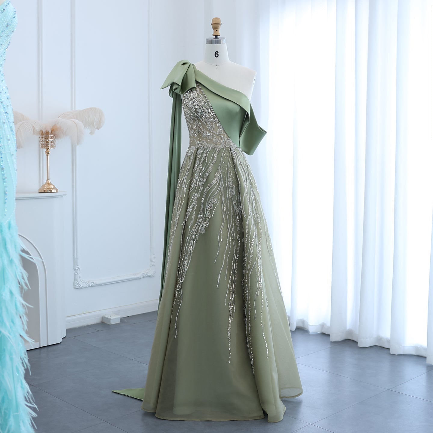 Luxury Olive Green One Shoulder Evening Dress with Cape Sleeves SS323
