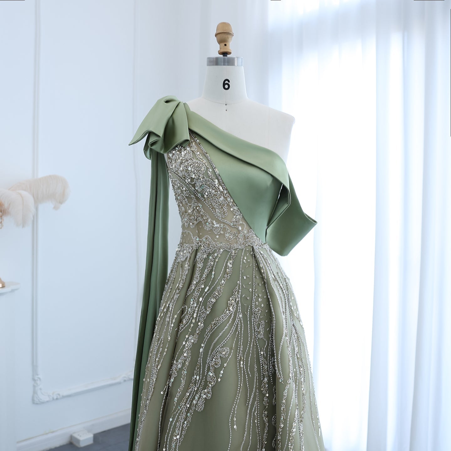 Luxury Olive Green One Shoulder Evening Dress with Cape Sleeves SS323